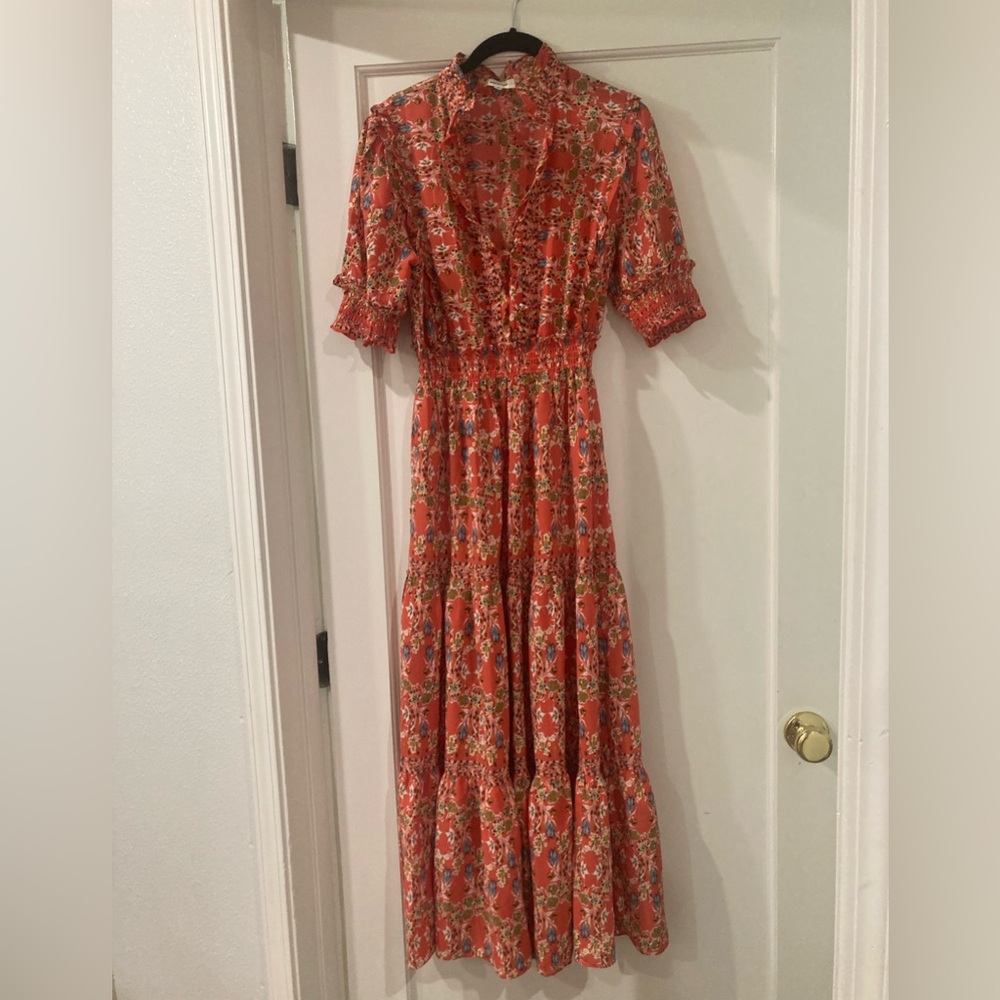 Max Studio Red Ruffle Collar Print Tiered Maxi Dress